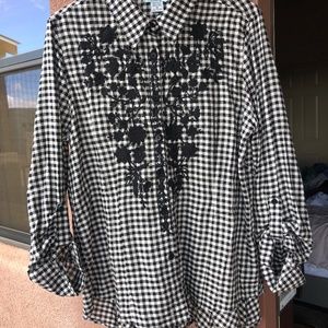 Plaid Button Up Blouse with Embroidery